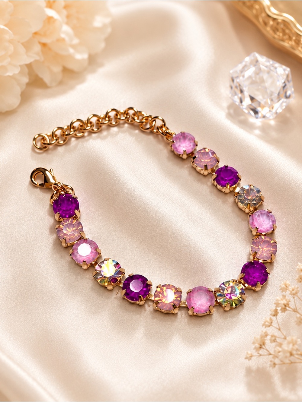 Pink Tova-Like Crystal Fashion Adjustable Bracelet Gold Tone New